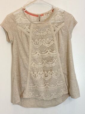 Rewind Cream &White Lace Short Sleeve Top With Keyhole Back Womans Size XS NWOT